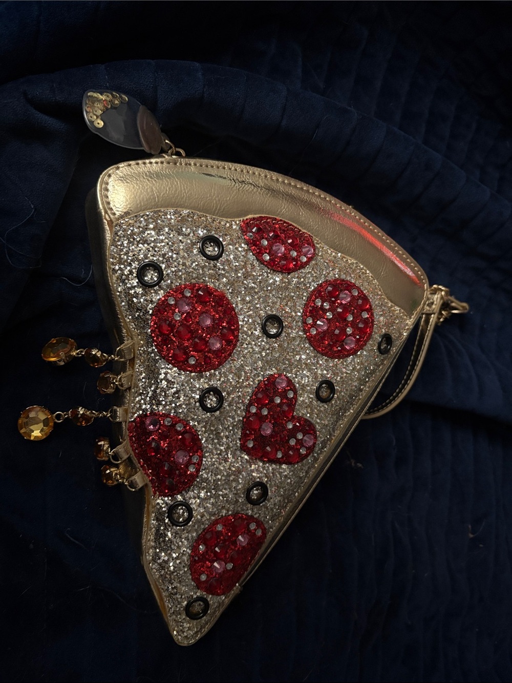 Betsey Johnson Gold Sequin Pizza Slice Crossbody with Red Crystal Accents